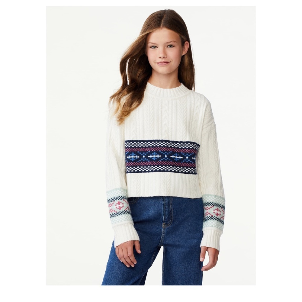 Free Assembly Girls Cropped Mixed Cable Knit Fair Isle Sweater, Size XS 4/5